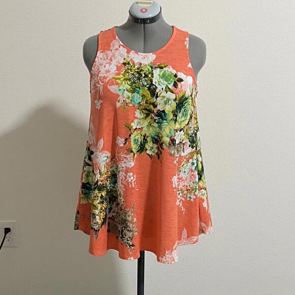 White Birch Tops - Floral Sleeveless Tank Top Blouse Small Orange Green White Tunic